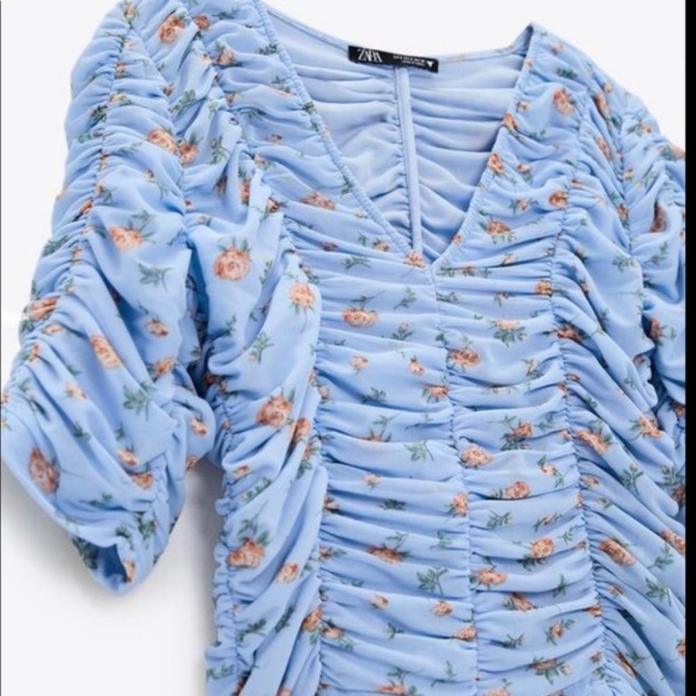 Zara Ruched Pastel Blue Floral Top